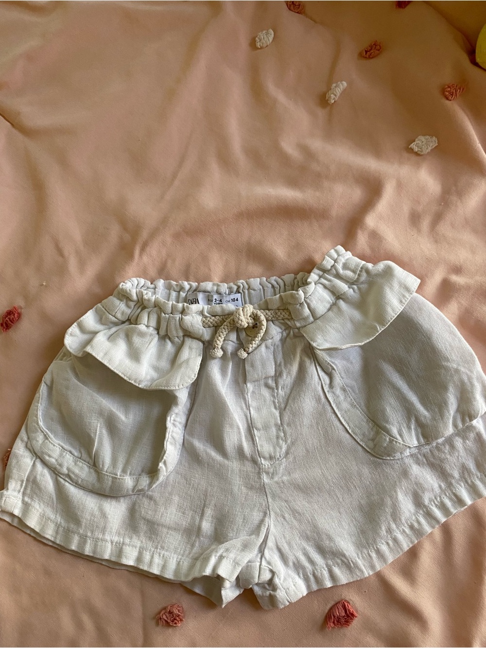Zara Cream High-Waist Ruffle Tie Shorts